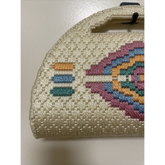 VTG Needlepoint Purse Tote Bag Clutch Handle Southwest Geometric Design Handmade - Picture 2 of 9